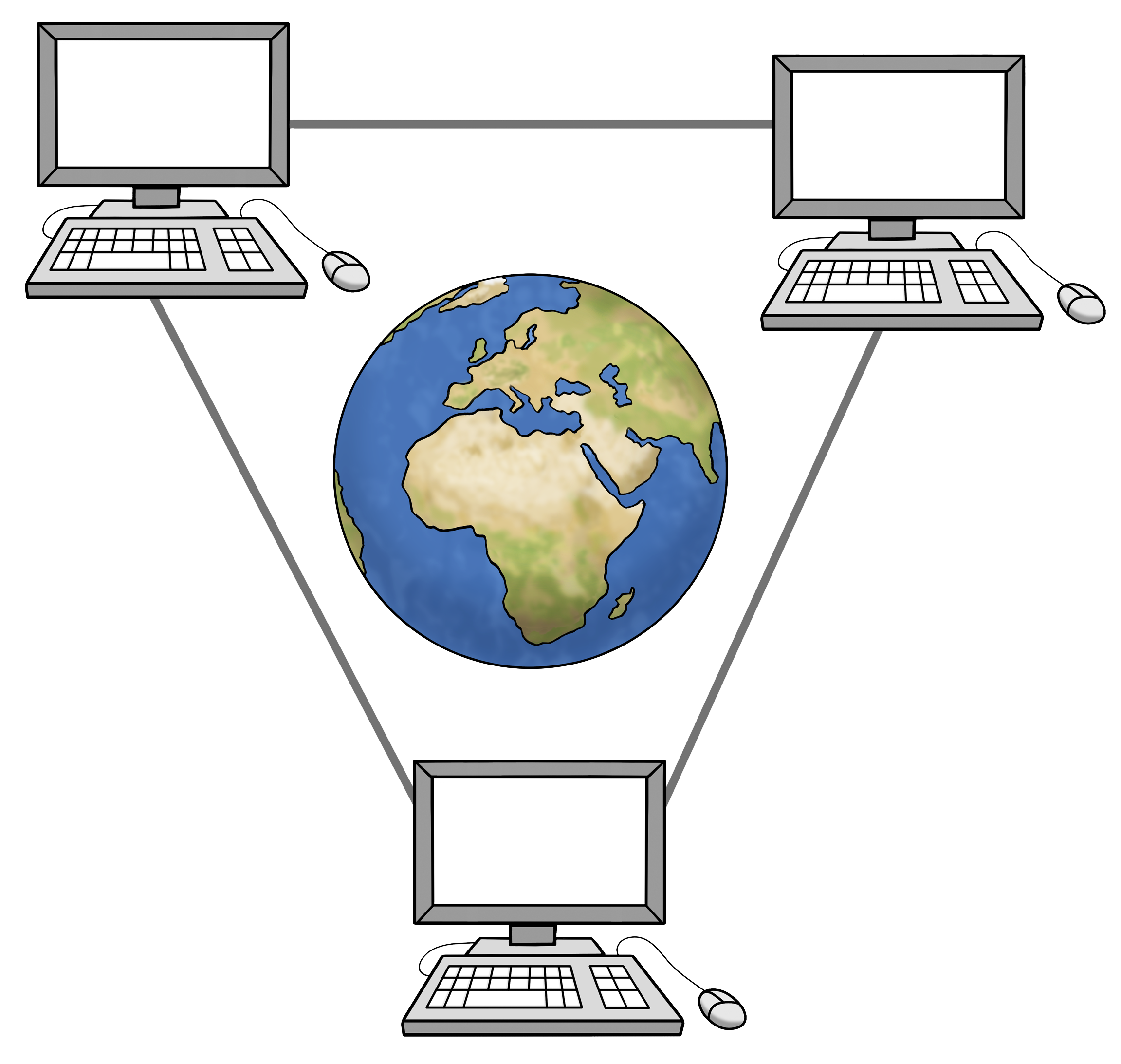Zeichnung: Computer sind über die gesamte Welt miteinander verbunden. 