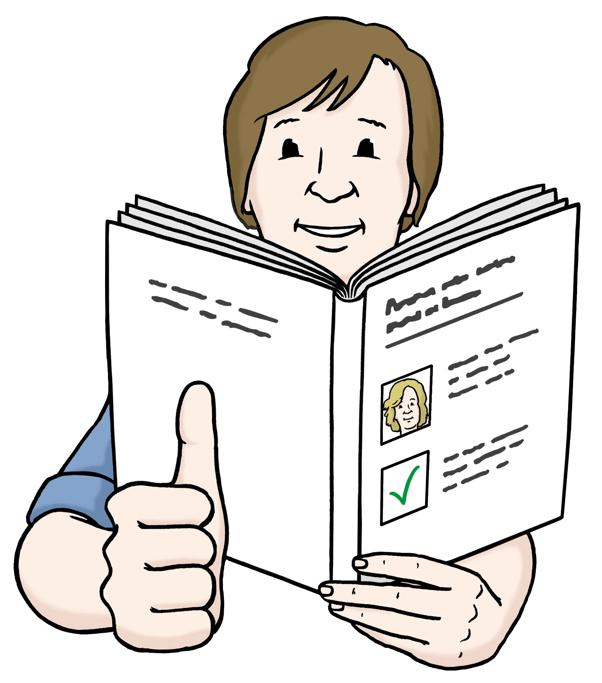 Gezeichneter Mann, der eine Zeitschrift in der Hand hält und den Daumen hochzeigt. Gezeichneter Mann, der eine Zeitschrift in der Hand hält und den Daumen hochzeigt.