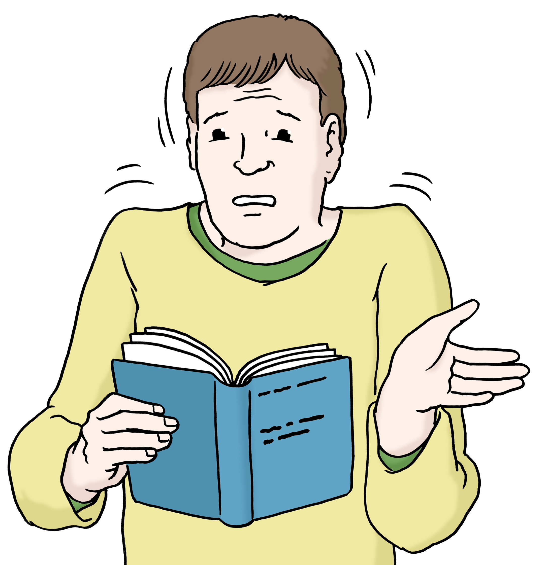 Zeichnung eines Mannes, der ein Buch in den Händen hält und den Inhalt nicht zu verstehen scheint. (verweist auf: Mehr Texte in Leichter Sprache)