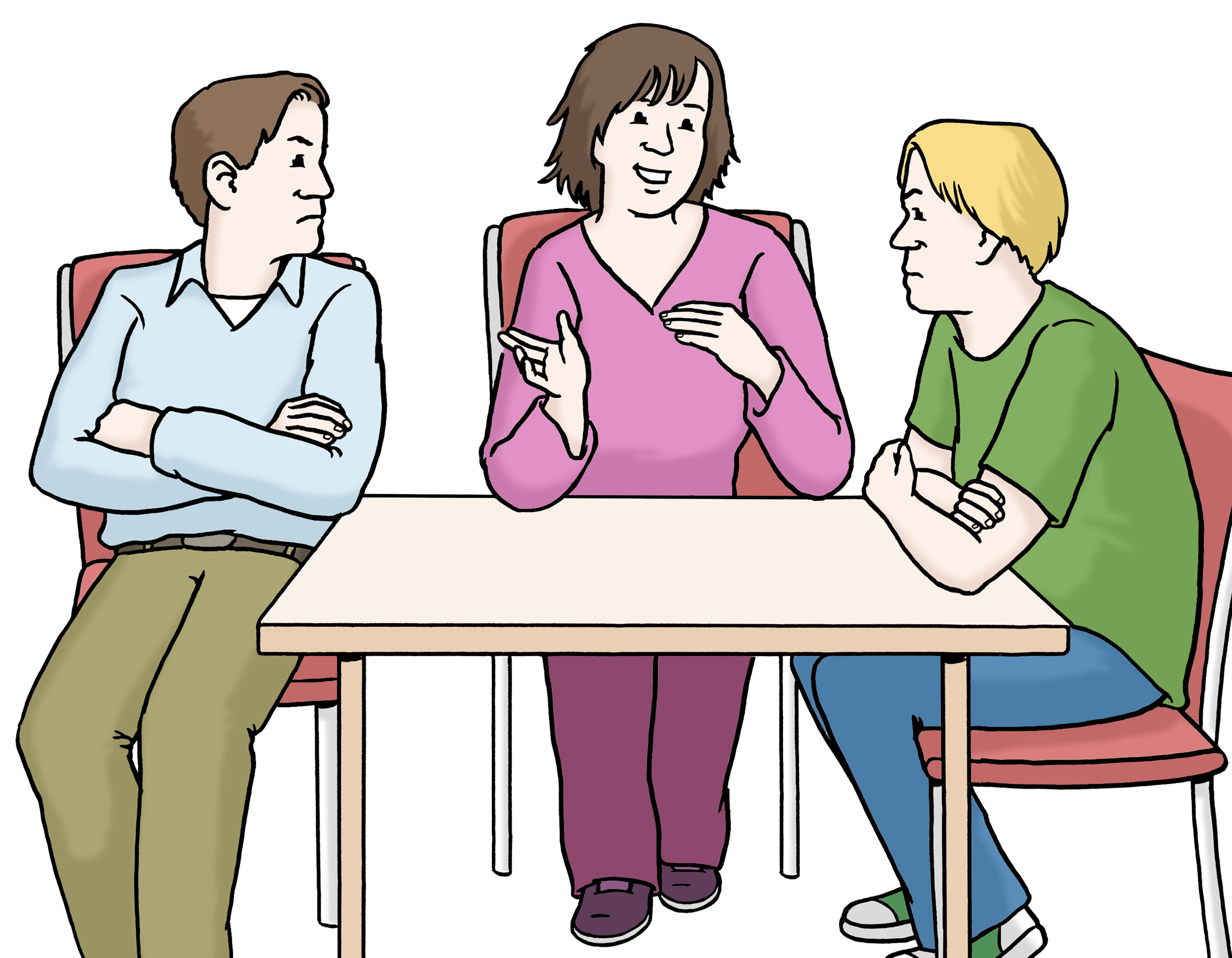 Zeichnung: Ein Mensch vermittelt zwischen zwei streitenden Menschen. Alle sitzen an einem Tisch.  Zeichnung: Ein Mensch vermittelt zwischen zwei streitenden Menschen. Alle sitzen an einem Tisch.