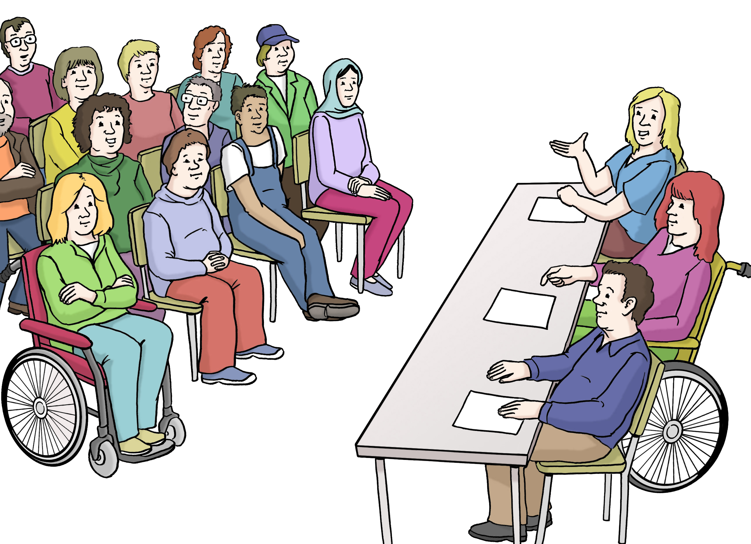 Zeichnung: Mehrere Menschen sitzen reihenweise auf Stühlen und hören Personen am Rednerpult zu. Zeichnung: Mehrere Menschen sitzen reihenweise auf Stühlen und hören Personen am Rednerpult zu.